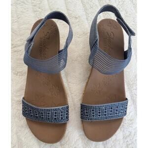 Skechers LuxeFoam Blue Brown Rhinestone Slingback Wedge Women's Sandals Size 10